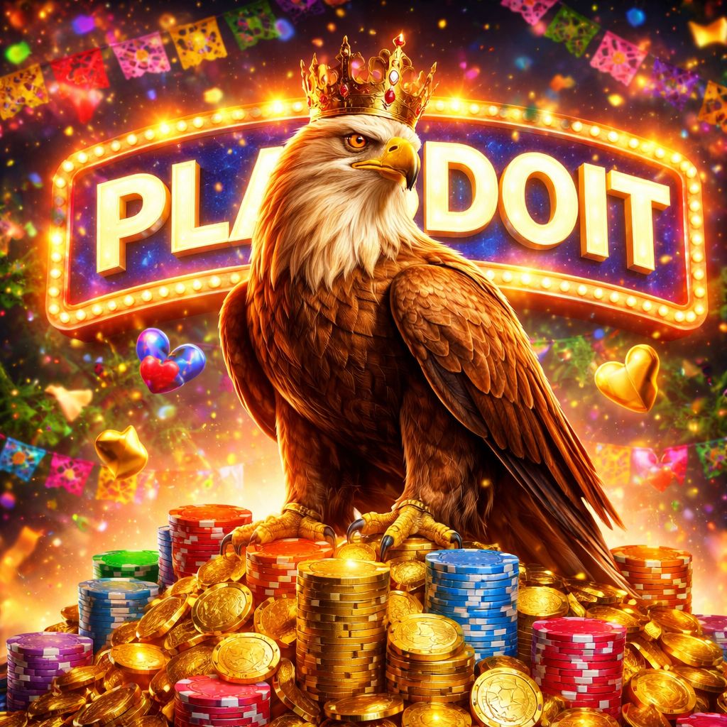 Una vibrante mascota águila con una corona dorada rodeada de carretes de tragamonedas giratorios, fichas de casino y confeti con temática mexicana que representa a PLAYDOIT.