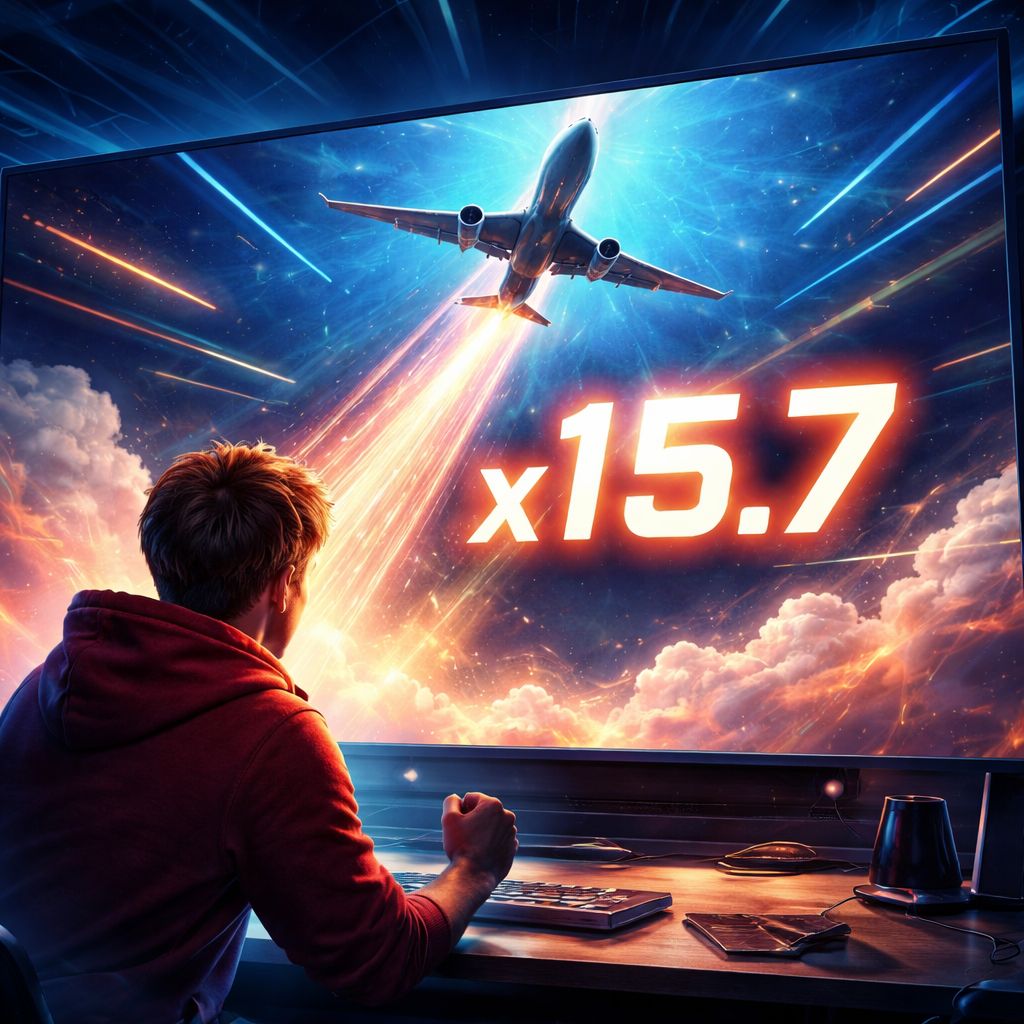 Un joven jugador emocionado observando un multiplicador en ascenso en un juego crash en PLAYDOIT con gráficos neón vibrantes.