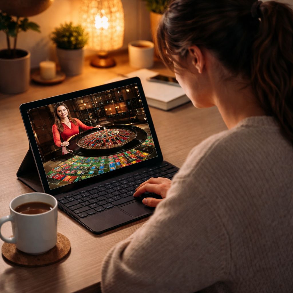 Una mujer concentrada disfrutando una sesión de ruleta en vivo en su tableta en casa a través de la plataforma de casino PLAYDOIT.