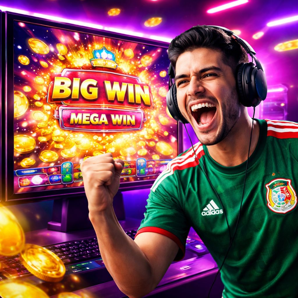 Un jugador mexicano emocionado celebrando un jackpot en una interfaz colorida de tragamonedas en el casino en línea PLAYDOIT.