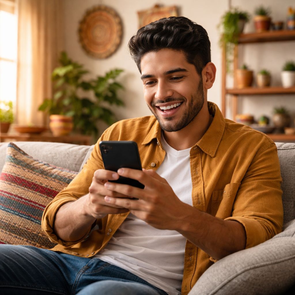 Un joven mexicano feliz registrándose en la plataforma PLAYDOIT usando su smartphone mientras se relaja en casa.